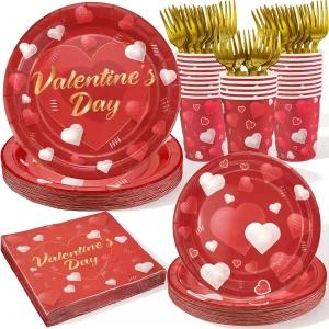 25PCS 발렌타인데이 접시 및 냅킨 세트 9인치 해피 발렌타인 7인치 하트 종이 컵 파티 장식용 포크 25명의