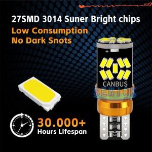 100개 캔버스 27 SMD 3014 LED 0.3A 3.6W 무극성 W5W 에러프리 자동차 실내 번호판등 램프 액세서리 12V