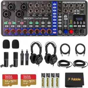 LiveTra L6max 디지털 믹서 번들 2x ZDM 팟트 마이크 팩 폰 스탠드 XLR 케이블 윈드스크린 배터리 SD 카드