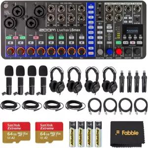 LiveTra L6max 디지털 믹서 번들 4x ZDM 팟트 마이크 팩 폰 스탠드 XLR 케이블 윈드스크린 배터리 SD 카드