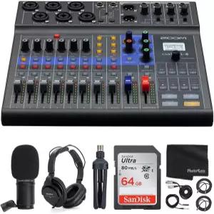 LiveTra L8 휴대용 8채널 디지털 믹서 및 멀티트랙 + 폰 윈드스크린 스탠드가 된 ZDM 마이크 64GB 메모리