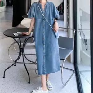 [하프클럽/]걸스 반소매 진 롱사이즈 원피스룩 가벼운청 심플오버사이즈 휴