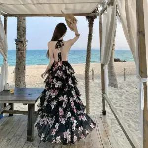 원피스 여름 프린트 쉬폰 프렌치 바캉스 여자원피스 홀터넥 롱스커트 원템2