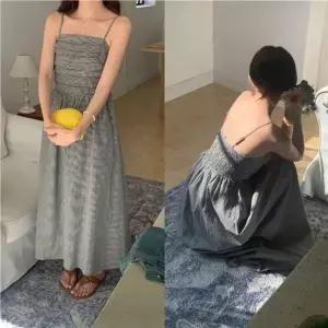 [하프클럽/]와이드넥 그리드체크 민소매롱드레스 LL 컴포트 D184