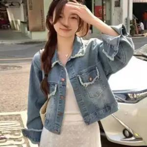 여성 여자 봄 간절기 빈티지 워싱 크롭 청 데님 자켓 외투 아우터