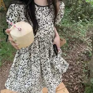[하프클럽/]모던 리본장식플라워패턴 러플 S/S 미니멀사이즈 롱드레스 귀여