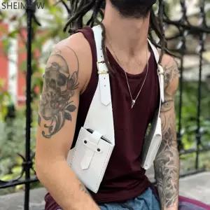 패션 더블 어깨 스트랩 멀티 포켓 남자 야외 도난 방지 가슴 가방 중세 가죽 다기능 Crossbody Walle