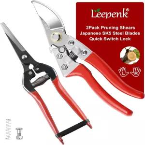 LEEPENK 2피스 가든 가위 세트 일본식 SK5 스틸 블레이드와 긴 스트레이트 스나이프가 장착된 헤비 듀티