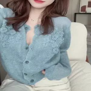 꽃장식 니트 가디건 아우터 간절기 여성 미만 코디 패션