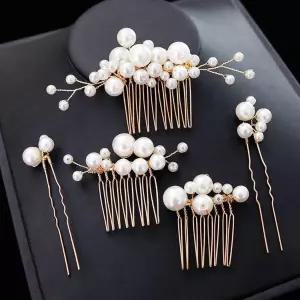 결혼식용 포이트 5PCS 진주 머리 빗 신부용 클립 바비 핀 세트 골드 신부 들러리 액세서리