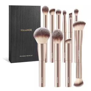 마그네틱 케이스가 포함된 10개 MAANGE 여행용 메이크업 브러시 세트 파운데이션용 프리미엄 합성 숏 핸들