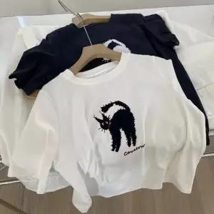 엘럽 여성용 하계 프린트티 고양이 플리스 프린트 핸드메이드 진주 라운드 반팔 티셔츠 슬림핏 상의 박템2