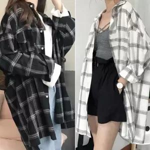여자 대학생 캠퍼스 룩 간절기 롱 체크 셔츠 남방 Pqg7+1umM