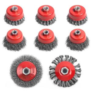 Aigat 8PCS 앵글 그라인더용 와이어 휠 브러시 M4 스레드 아버가 있는 4인치 트위스트 매듭 탄소강 녹