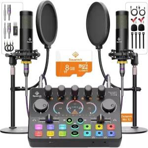 2인용 팟캐스트 장비 번들 XLR 다이내믹 마이크 TF 카드 5RGB 서라운드 사운드 라이브