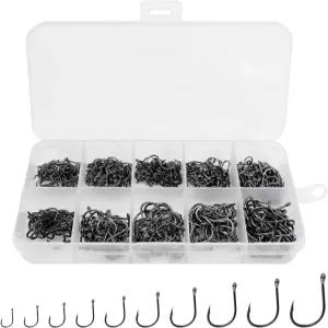 U 500pcs 낚시 바늘 세트 민물 소금물 장비 태클 고탄소강 0가지 의 메기 송어 미끼 플라스틱 상자 검정