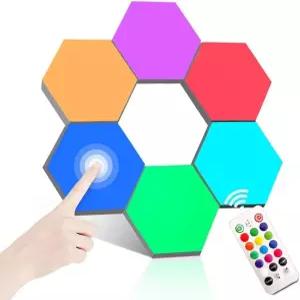 오디스타 리모컨 육각형 벽 조명 스마트 벽걸이 터치 감지 DIY 기하학적 모듈식 조립 RGB LED 컬러풀