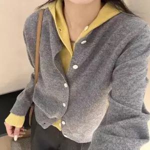 엘럽 여성 니트 페이크 상의 후드 카디건 배색 가디건 긴팔 원템1