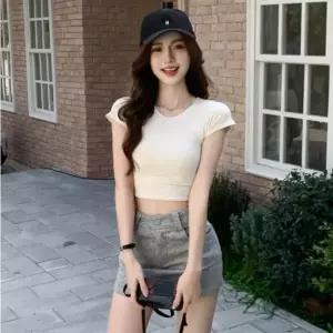 [하프클럽/]여자 쫀쫀 골지 슬림핏 크롭 라운드넥 반팔티