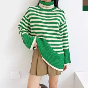 [하프클럽/]여자 줄무늬 사이드슬릿 빅사이즈 폴라넥 니트 스웨터