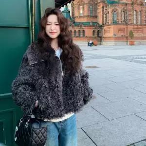 엘럽 여자 빈티지 램스울 코트 쇼트 일체형 메일라드 워머 모피 원템1