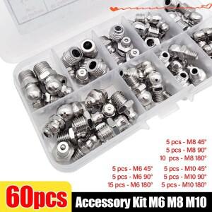 60Pcs M6 M10 버터 노즐 세트 그리스 건 커플러 스틸 커넥터 니켈 도금 스트레이트 곡선 피팅 젖꼭지