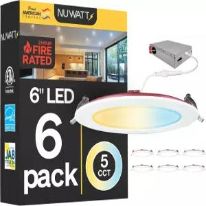 NUWATT 2시간 화재 등급 오목 조명 6인치 웨이퍼 LED 2700K/3000K/3500K/4000K/5000K 선택 가능 조광