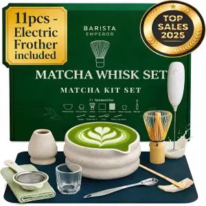 바리스타 엠퍼러 말차 휘스크 세트 프리미엄 11 pcs - 볼 밀크 프로더 스푼 체 스쿱 스탠드 컵 티 매트 천