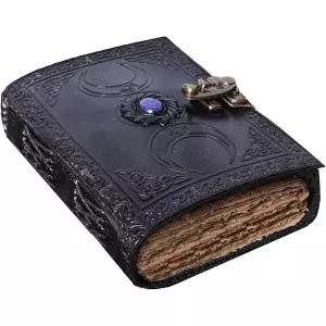 Vintage Leather Journal 세미 프레셔스 스톤 블랙 트리플 문 디자인 200페이지 앤티크 데클 엣지 페이퍼