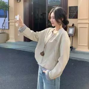 베이지 여성용 빈티지 캐주얼 가죽 자켓 트렌디 PU 코트 쿨 쇼트 아이템 점퍼 라운드 체크 스프링 HT1