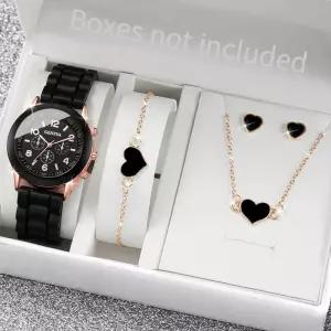 여성용 시계 패션 실리콘 밴드 쿼츠 쥬얼리 세트 Reloj Mujer 여아용 선물 상자 없음 5 PCs