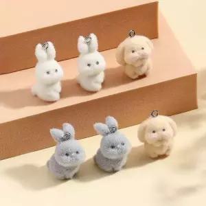 10개 플로킹 작은 토끼 레진 참 동물 펜던트 DIY 폰 체인 열쇠고리 귀걸이 액세서리 쥬얼리 제작 재료