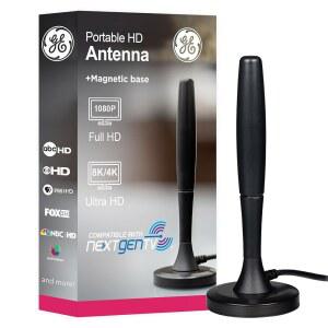 GE 휴대용 HD TV 안테나, 1080p 8K용 여행 블랙, RV용 캠핑, VHF 81843 마그네틱 범위, 4K 실내 테일게이트, 설계, 채널, 컴팩트 20마일 베이스, UHF 디지털