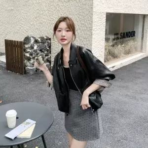 여사친 빈티지 가을 코트 트렌디 자켓 아이템 체크 가죽 슬림핏 칼라 PU HT3