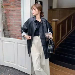 블랙 여성 캐주얼 빈티지 가을 트렌디 아이템 자켓 가죽 소매 체크 코트 PU 재킷 HT3
