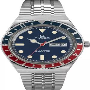 Timex 타이맥스 Q 남성용 38mm 시계 1979년 재발매 실버톤 케이스 블루 다이얼 블루/레드 탑링 스테인리스