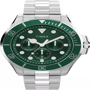 Timex 타이맥스 남성용 하버사이드 코스트 멀티펑션 43mm 시계 - 스테인리스 스틸 브레이슬릿 그린 다이얼