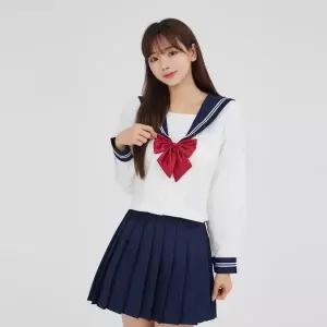 TBZ 교복몰 화이트_네이비 플리츠 세라복 세트 (긴팔)