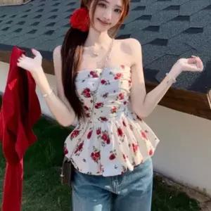 여성 여름 데일리 플라워 오프숄더 프릴 크롭 블라우스