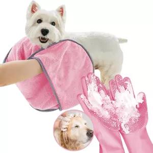 큐옥스 개 세척 장갑 빠른 건조 수건 고양이 목욕 그루밍 마사지용 고밀도 브러시 흡수 애완동물 303x38
