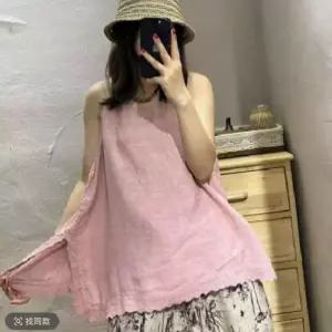 세군다 여자 조끼 캐주얼 레이스 린넨 나시 여름 빈티지 솔리드 트임 DOS2