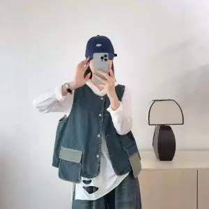 세군다 여자 조끼 캐주얼 데님 가을 레이어드 라운드 탑민소매 포켓 DOS3