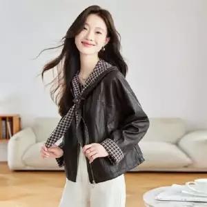 세군다 여사친 가을 빈티지 캐주얼 숏 체크 가죽 점퍼 야구 코트 후드 잠바 DOS3