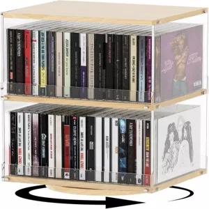 목재 및 아크릴이 포함된 DEMEGA 2단 CD 스피너 랙 40개 용량 회전 보관 개방형 디자인 거실용 낙하 방지