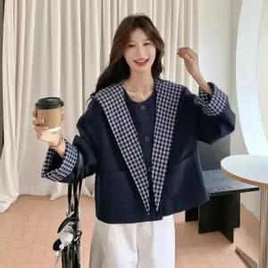 쇼트 체크 후드 야구 케이프 코트 점퍼 여성용 모직 빈티지 DUCHI1