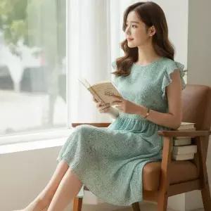 [하프클럽/옷자락]여자 폴리 프릴 소매 버티컬 미디 원피스