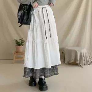 여성 체크 배색 캉캉 밴딩 롱스커트 치마
