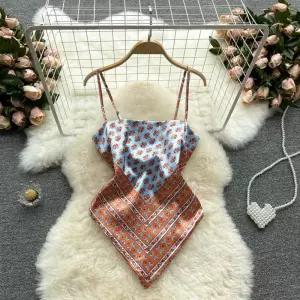 튜브탑 끈나시 페이즐리 바캉스룩 반다나 여름 블랙 민소매 탑 나염 크롭 나시 실크 탱크탑