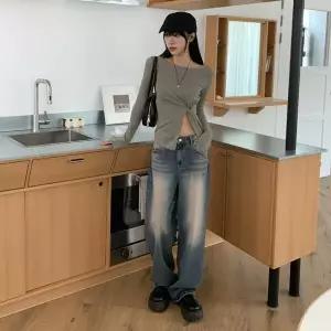 여성 넓은 워싱 노란색 일자핏 진