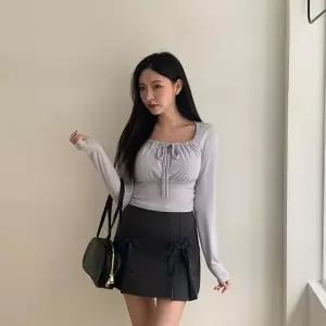 여성 캐주얼 단색 리본 플리츠 미니스커트 치마 OOTD